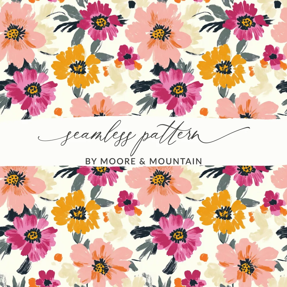 Seamless floral pattern with pink and yellow blossoms on a cream background.