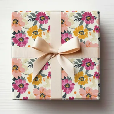 Gift-wrapped box with a pink and yellow floral pattern and a beige ribbon.