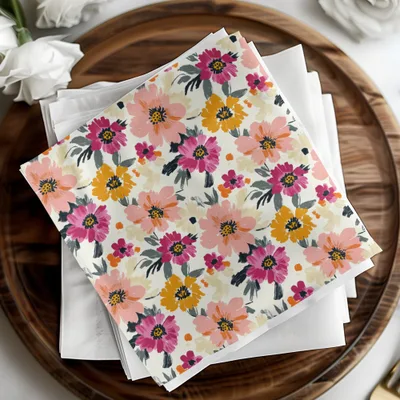 Floral patterned napkins stacked on white napkins and a wooden tray.