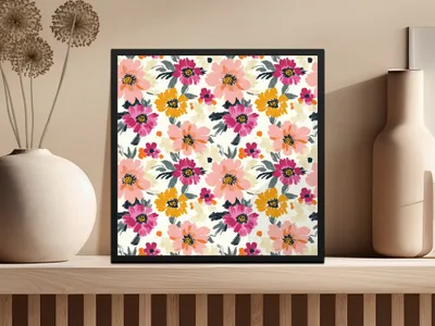 Framed artwork with a vibrant floral pattern of pink, yellow, and magenta flowers.