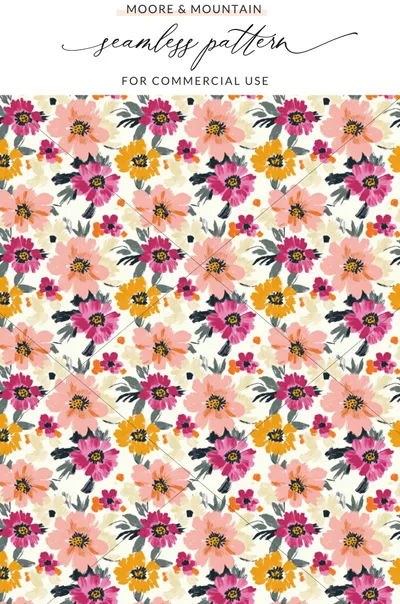 Floral pattern with pink, yellow, and dark pink flowers on a cream background.