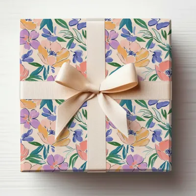 Gift box with floral pattern and light beige ribbon bow.