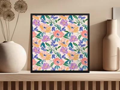 Framed artwork with a repeating pattern of colorful flowers and green leaves.