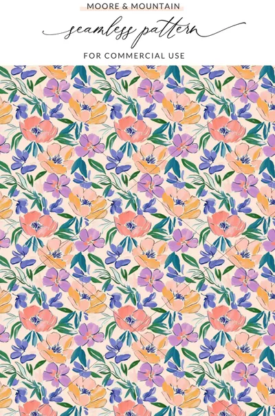 Seamless floral pattern with coral, purple, and blue flowers on a light purple background.