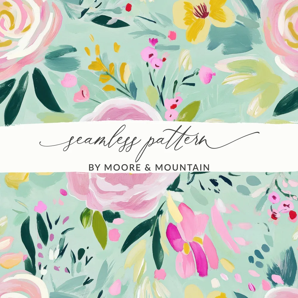 Abstract Floral Seamless Pattern Digital, Spring Ditsy Green Pink Yellow Flowers, Modern Gouache Painted Fine Art Floral Print, Digital - Moore and Mountain