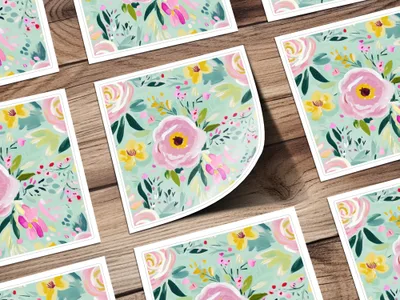 Abstract Floral Seamless Pattern Digital, Spring Ditsy Green Pink Yellow Flowers, Modern Gouache Painted Fine Art Floral Print, Digital - Moore and Mountain
