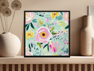 Abstract Floral Seamless Pattern Digital, Spring Ditsy Green Pink Yellow Flowers, Modern Gouache Painted Fine Art Floral Print, Digital - Moore and Mountain