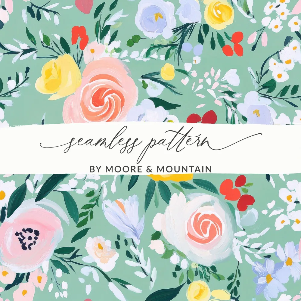 Abstract Floral Seamless Pattern, Spring Ditsy Digital Paper, Acrylic Painted, Fine Art Floral, Green and Pink, Modern Gouache - Moore and Mountain