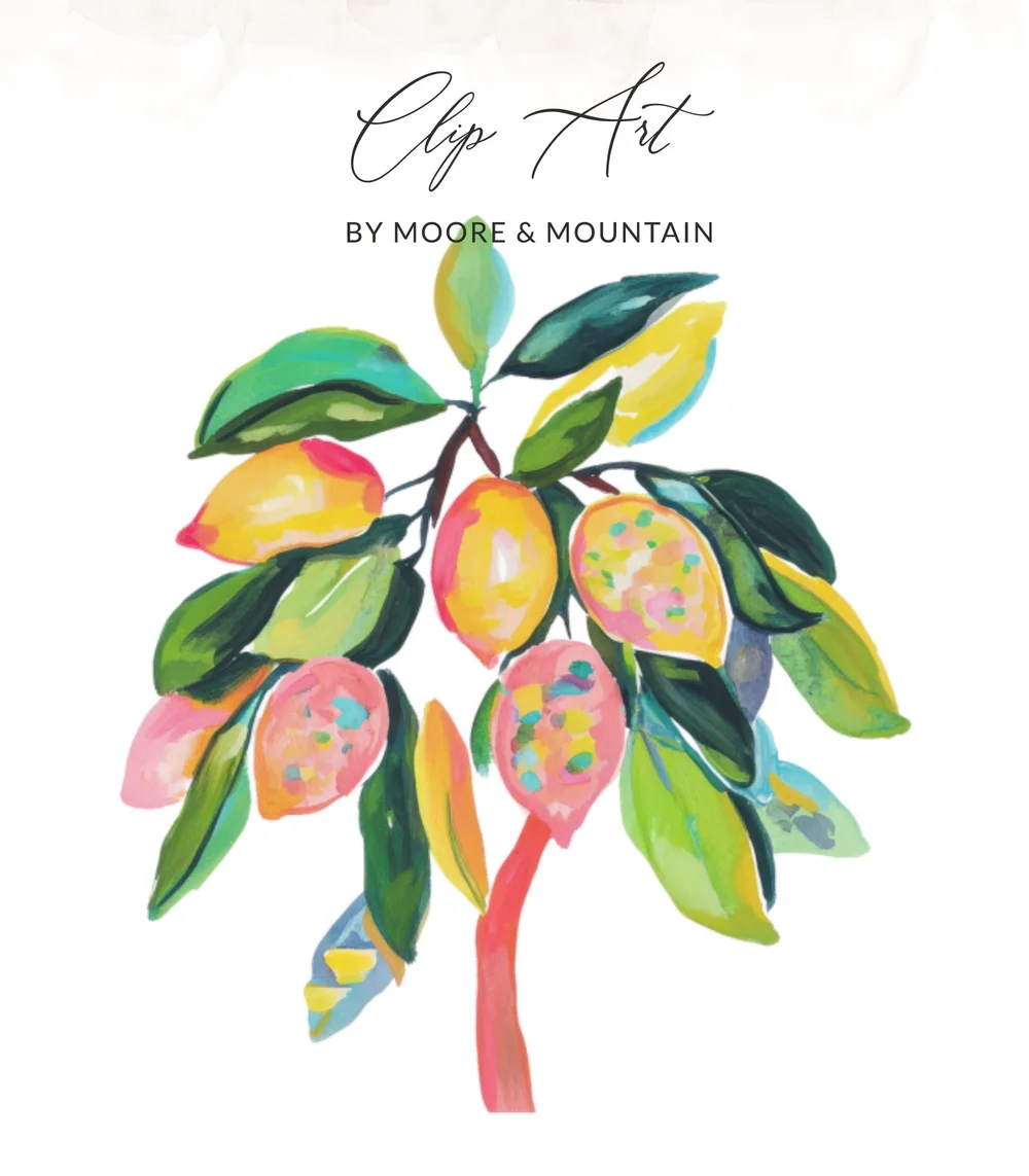 Illustration of a stylized lemon branch with watercolor lemons and leaves.