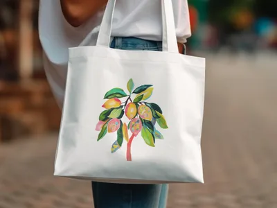 White tote bag with watercolor lemon branch art.