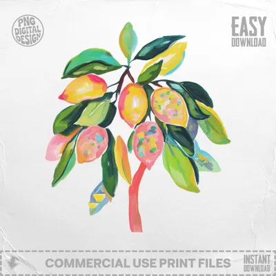 Watercolor lemon branch with green leaves and text "easy download".