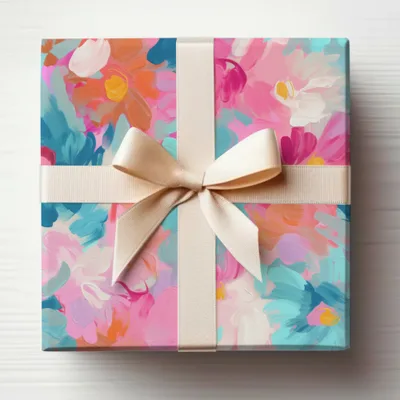 Colorful Floral Gift Wrap with Cream Ribbon Package
