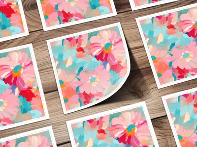 Vibrant Floral Art Print with Bold Pink Blue Hues