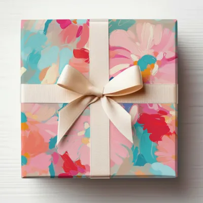Colorful Floral Gift Box with Cream Ribbon Design