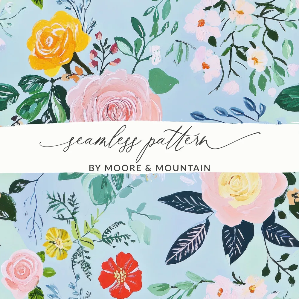 Acrylic Seamless Pattern, Modern Gouache Painted Floral, Blue Floral Digital Paper, Fine Art Floral Print, Fabric Design - Moore and Mountain