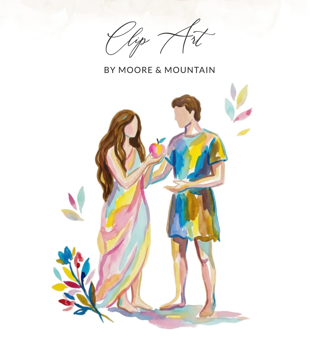Adam and Eve accepting an apple, with watercolor flowers.
