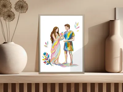 Adam and Eve holding an apple, with colorful foliage.
