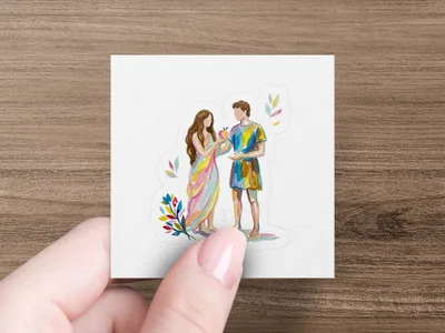Couple holding an apple, surrounded by colorful abstract floral shapes.