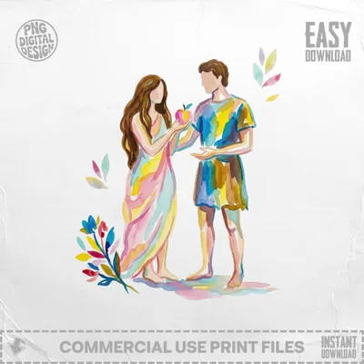 Adam and Eve holding an apple, with colorful watercolor floral accents.
