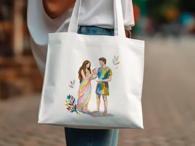 White canvas tote bag with watercolor illustration of a couple and flowers.