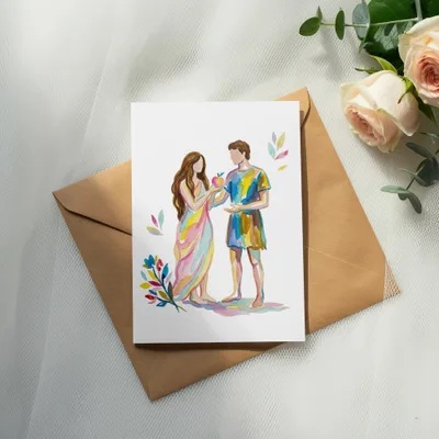 Watercolor card with Adam and Eve holding an apple, on a brown envelope.