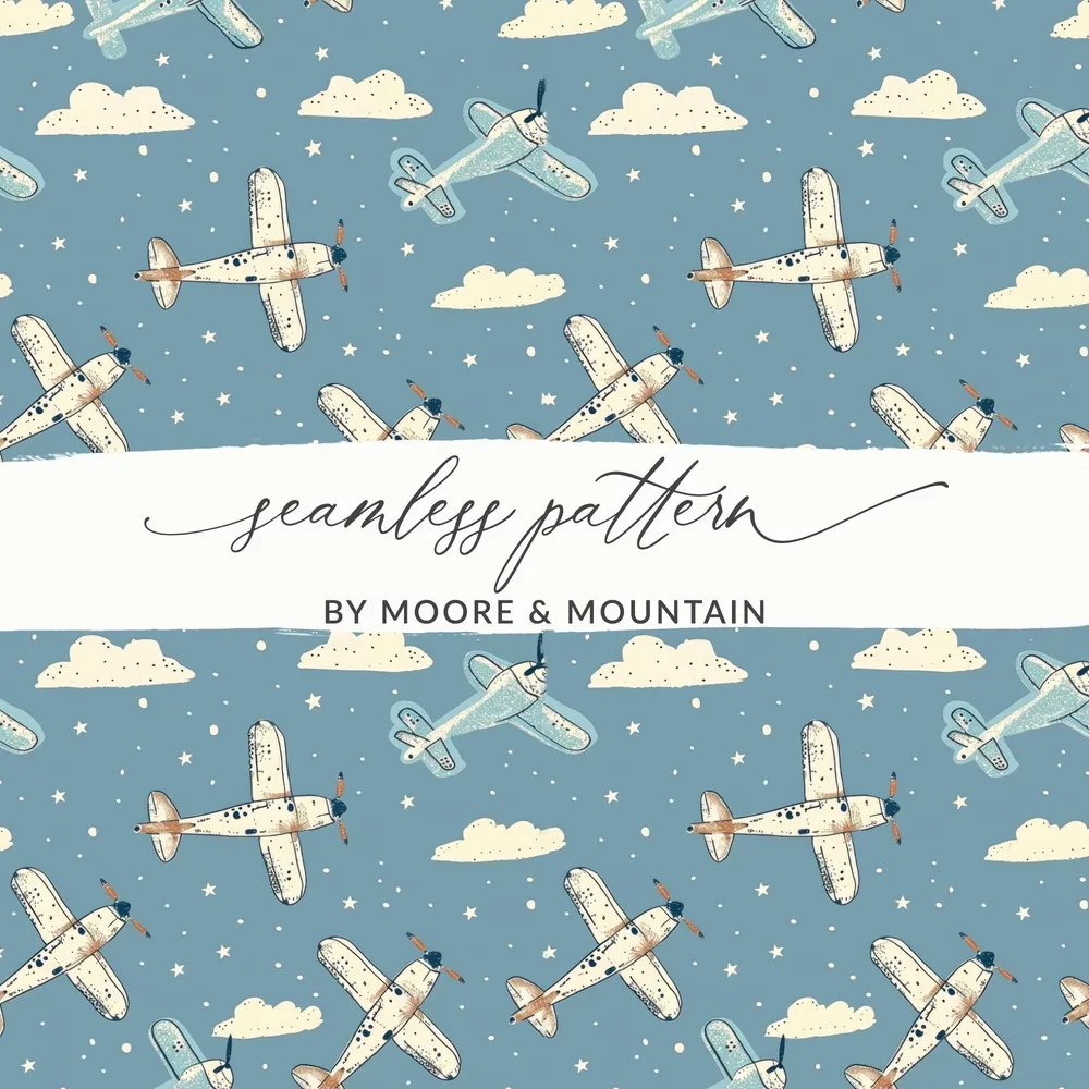 Airplane Digital Paper, Seamless Pattern, Sky Blue Cloud Background, Vintage Aircraft Repeat Pattern, Scrapbooking, Fabric Design - Moore and Mountain