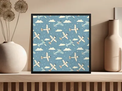 Airplane Digital Paper, Seamless Pattern, Sky Blue Cloud Background, Vintage Aircraft Repeat Pattern, Scrapbooking, Fabric Design - Moore and Mountain