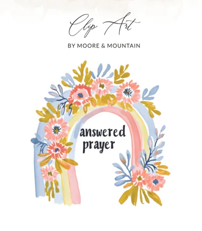 Answered Prayer Rainbow Clipart, Floral Watercolor Digital Download PNG, Preppy Pastel Art for Sublimation, Printable Wall Art, Commercial