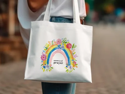 White tote bag with rainbow and floral design, saying "answered prayer".