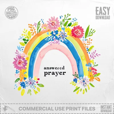 Watercolor rainbow with floral accents and "answered prayer" text.