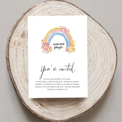 Invitation card with rainbow and floral design, reads "answered prayer" and "You're invited".