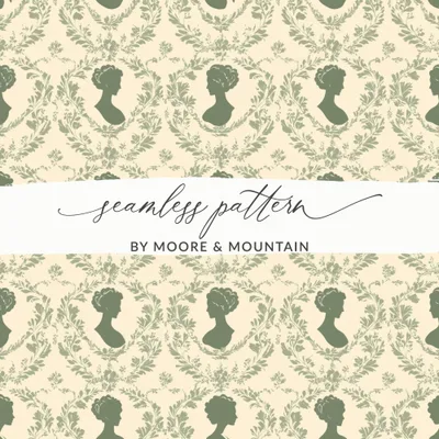Antique Silhouette Digital Paper, Cameo Pattern, Seamless Floral Repeat, Sage Green Design, 12x12 JPEG Files, Digital Download