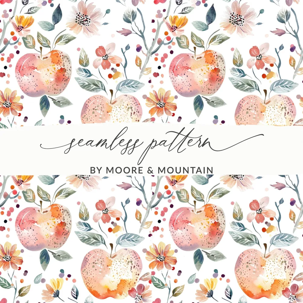 Apple Floral Digital Paper, Watercolor Seamless Pattern, Fruit Garden Print, Rustic Texture, Printable Art, Digital Download, for Fabric - Moore and Mountain
