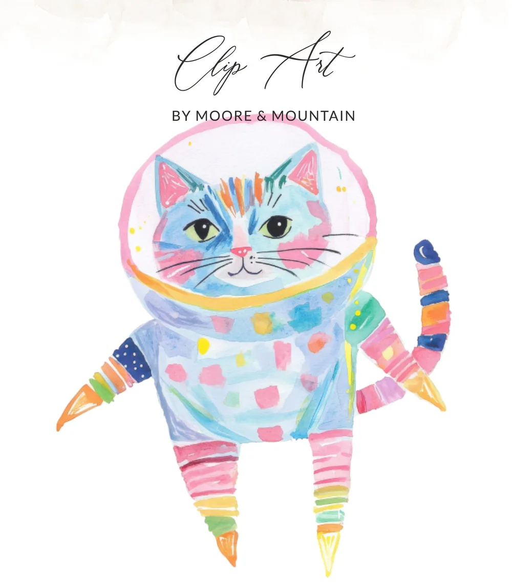 Watercolor illustration of a cat in a spacesuit with colorful stripes.