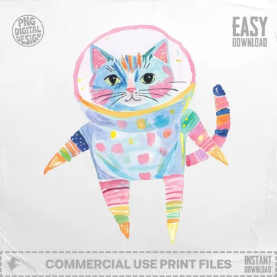 Watercolor cat in a colorful astronaut suit with "EASY DOWNLOAD" text.