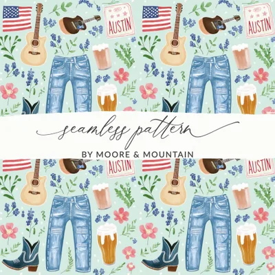 Austin Texas Digital Paper, Country Music Seamless Pattern, Western Cowboy Boot Jeans Flag, Bluebonnet Beer Guitar, Americana Digital
