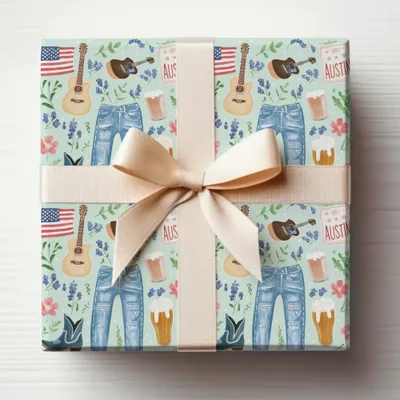 Austin Texas Themed Gift Wrap with Guitars and Beer