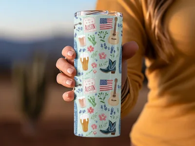 Austin Texas Theme Tumbler with Boots Flag Guitar Design