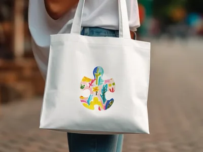 White tote bag with colorful abstract puzzle piece design.