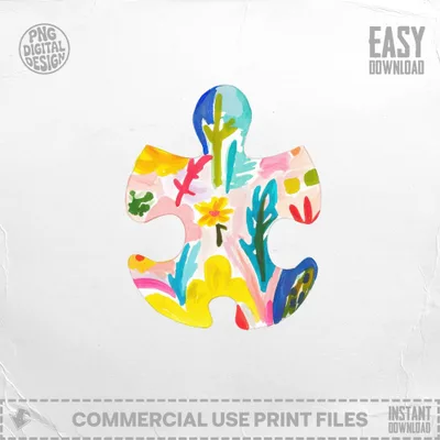 Colorful abstract puzzle piece with floral and leaf motifs.