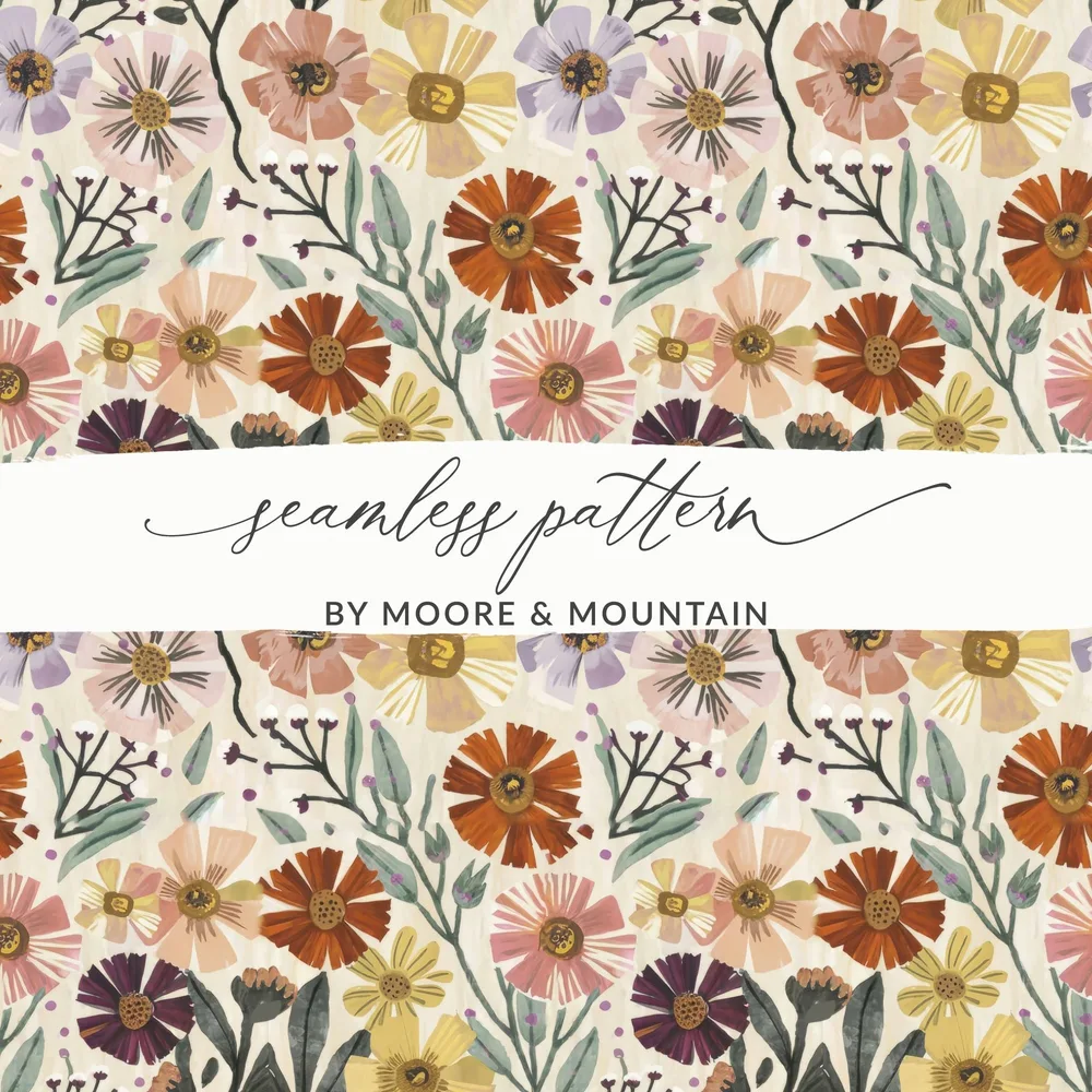 Autumn Floral Digital Paper, Fall Flower Pattern, Boho Watercolor Design, Printable Seamless Background, Purple, Yellow, Orange, Pink - Moore and Mountain