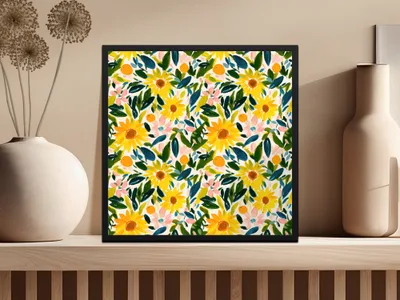 Vibrant Yellow and Pink Floral Pattern Art Print Decor