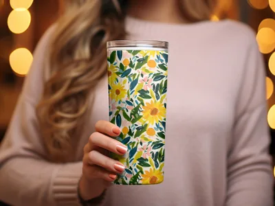 Floral Pattern Travel Tumbler with Sunflowers Design