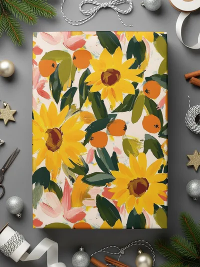 Festive Sunflower and Orange Floral Wrapping Paper