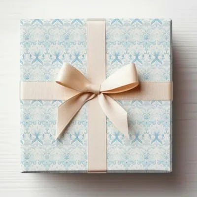 Elegant Blue Patterned Gift Box with Ivory Ribbon