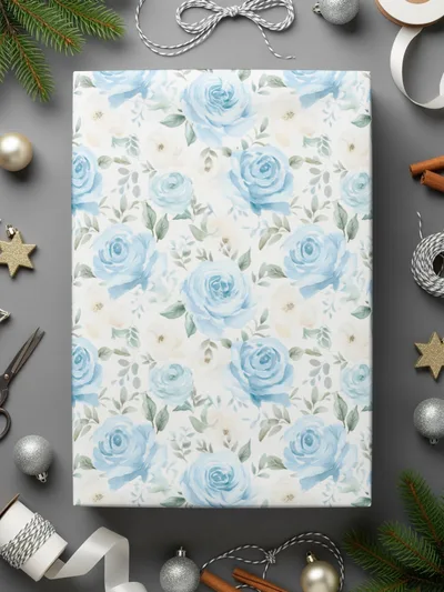 Elegant Blue Floral Print Gift Wrapping Paper Roll