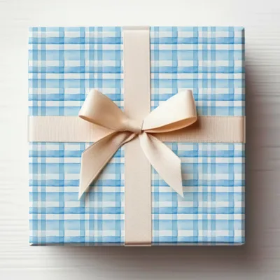Blue Checkered Gift Box with Beige Bow Gift Wrapping
