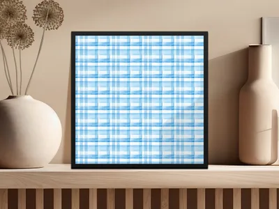 Blue and White Plaid Pattern Framed Artwork Decor
