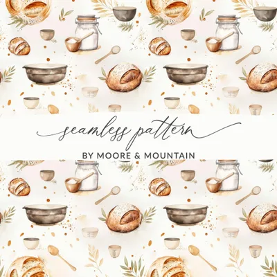 Baking Seamless Pattern Digital, Kitchen Print Fabric Design, Food Illustration Digital Paper, Artisan Bread Texture, JPG Download