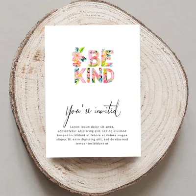 "BE KIND" invitation with floral letters and placeholder text.